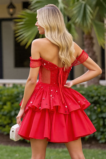 Corset Red Off The Shoulder Homecoming Dress with Beading
